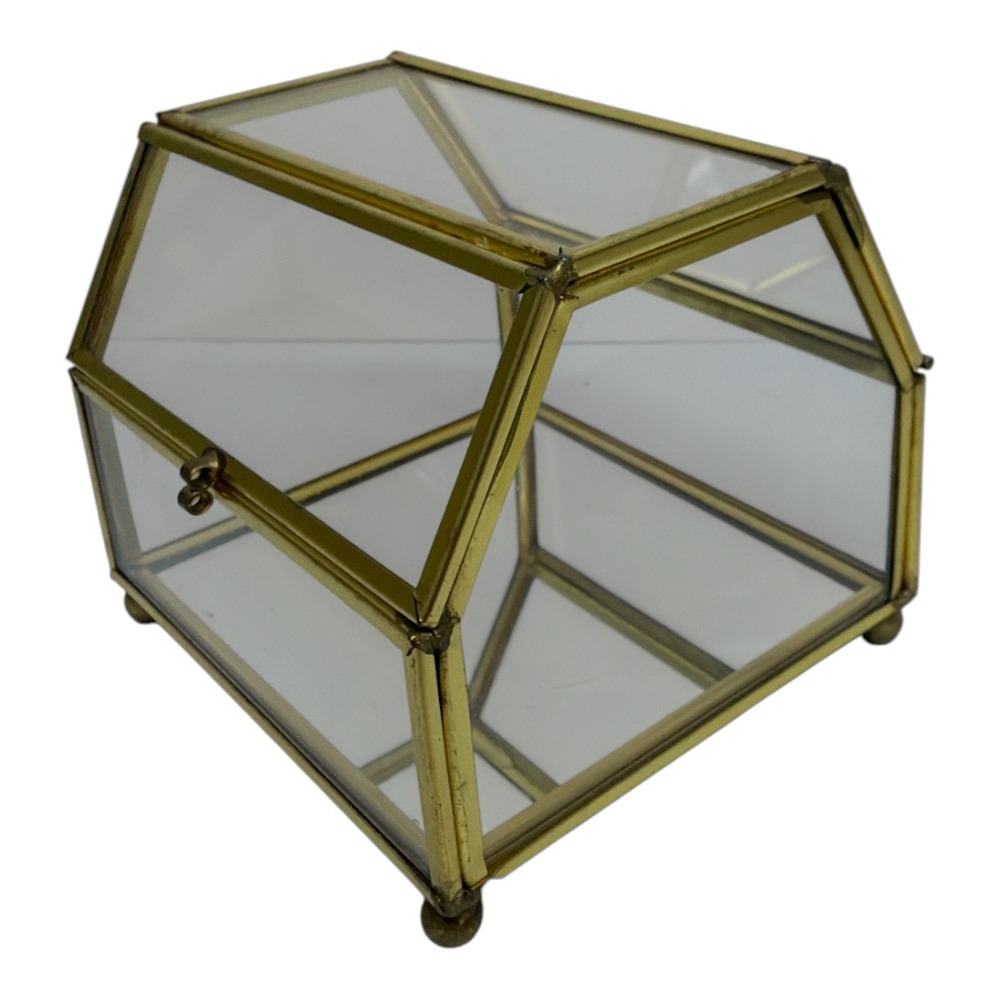 Brass and Glass Trinket Box Footed Jewelry Case Six Panel Hatch Lid Mirror EUC